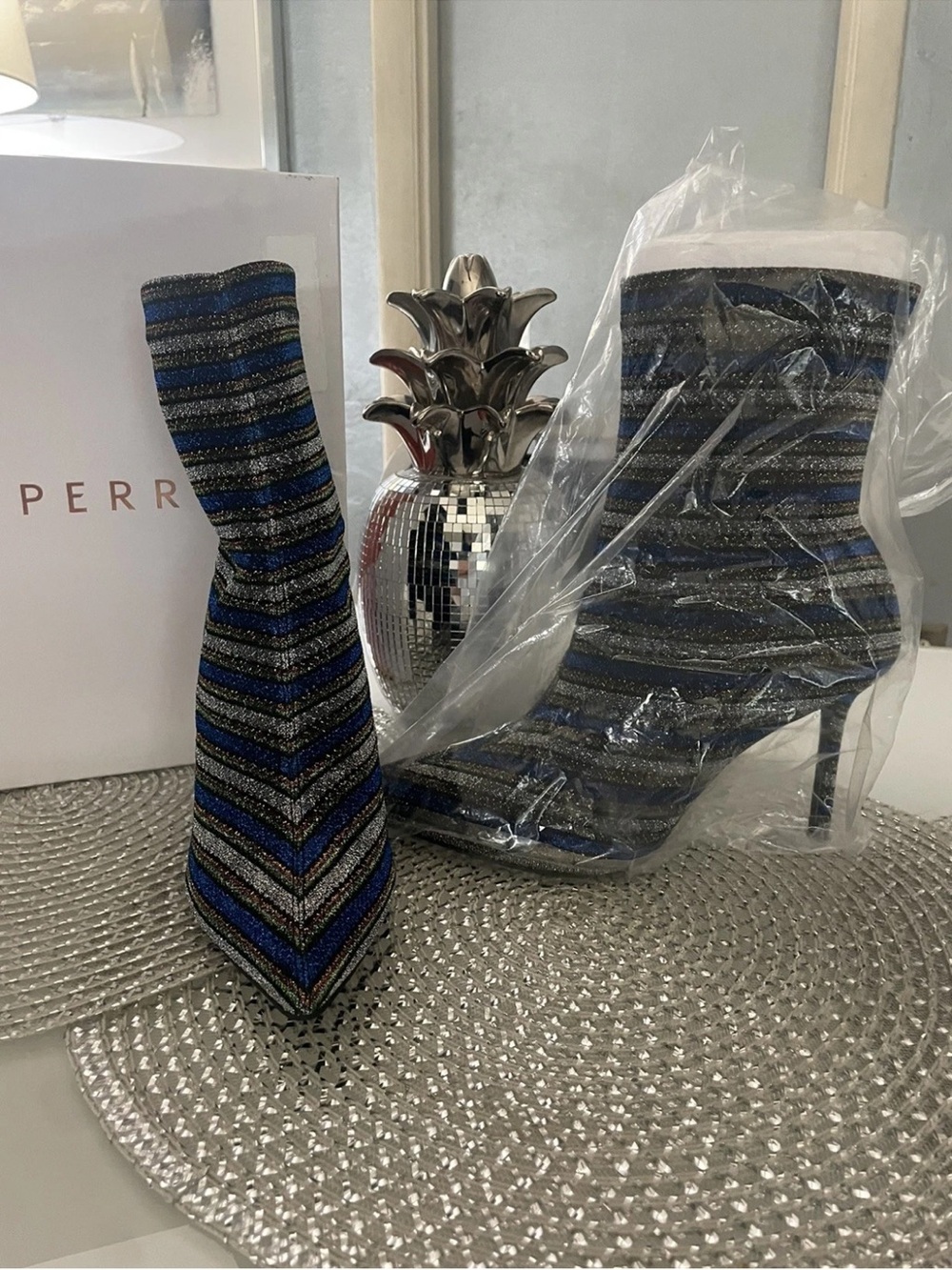 Katy Perry The Destiny Striped Glitter Sock Boot - Blue/Black size 9.5 NWT